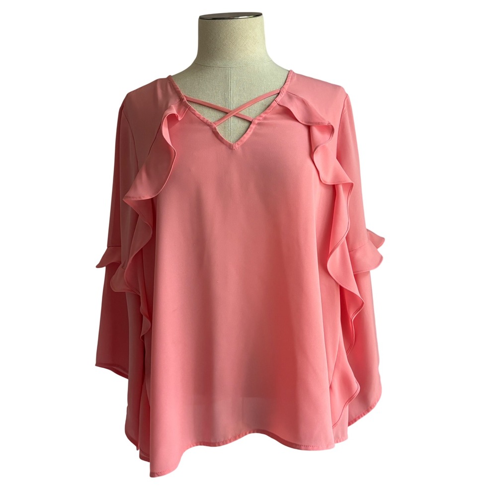 Belle Sky by Kim Gravel Women's L Pink Ruffle Blouse Romantic Coquette Feminine